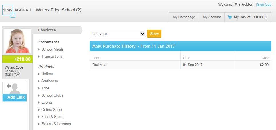 The Meal Purchase History widget for the selected child is displayed in the centre of the screen. 2. Click the Meal Purchase History widget.