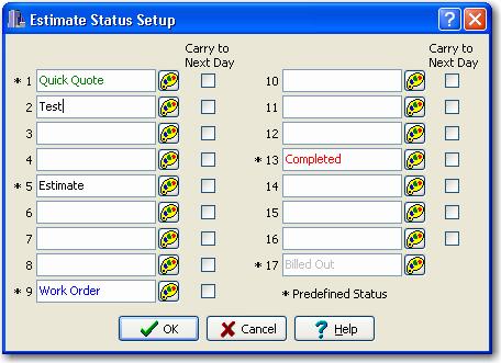 You can have your own custom status labels for saved estimates. Simply go to Setup and then into Job Status to define what you would like to appear in that list.