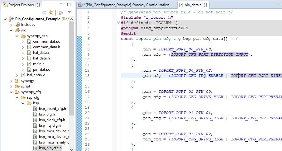 2. The source code for Pin Configuration is generated at synergy_cfg/ssp_cfg/bsp/bsp_pin_cfg.h and src/synergy_gen/pin_data.c. Note: Do not edit these files as they are overwritten whenever the Generate Project Content button is pressed.