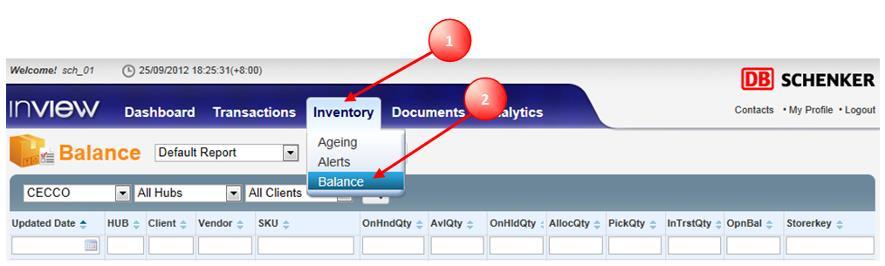 7.4 Balance Inventory Balance displays the latest inventory status goods for different hubs for a particular customer.
