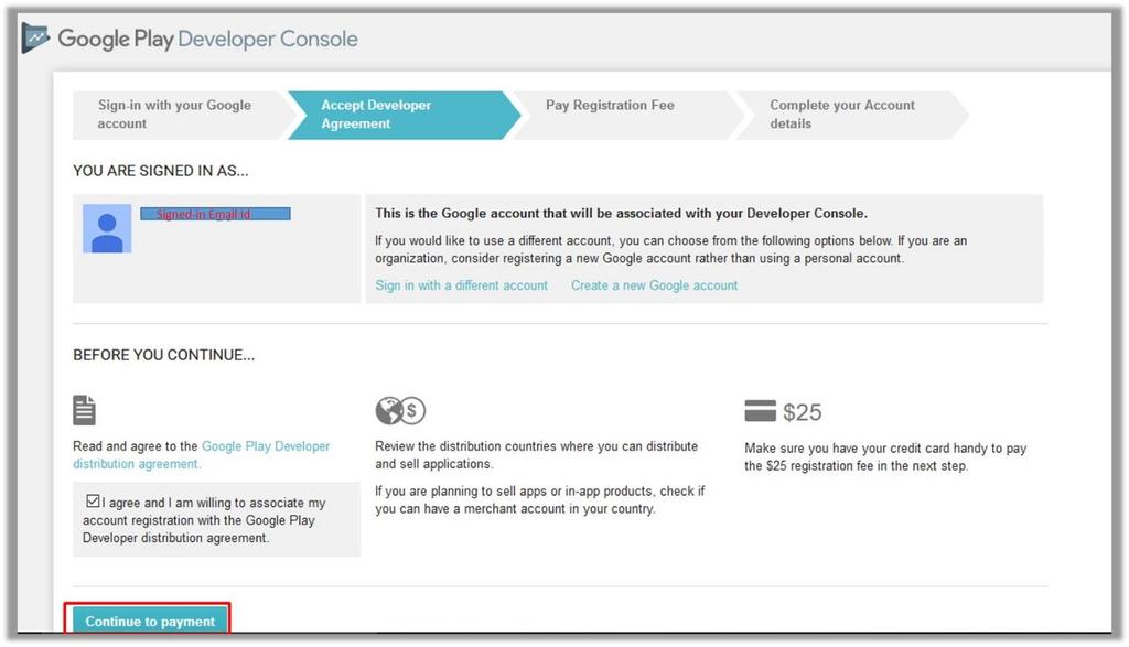 FIGURE 1 Read and accept the Google Play Developer distribution agreement. 3) Select the corresponding check box associated with the agreement note. 4) Click the Continue to payment button.