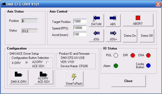 DMX-K-DRV Configuration Steps using DMX-CFG-USB and PC 1) With DMX-CFG-USB controller powered with 12-24VDC power supply, connected to Windows PC, and properly installed and recognized by Windows PC,