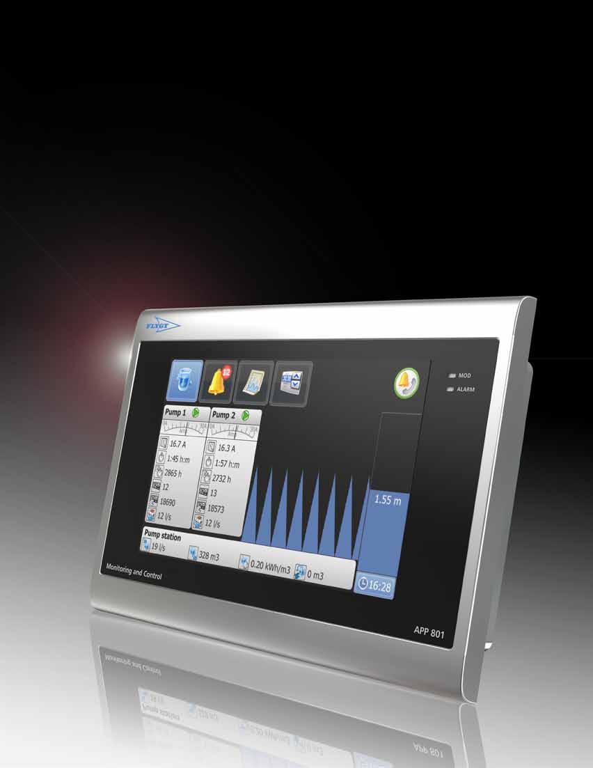Reliable control at your fingertips Design Easy-to-use graphical user interface Flygt APP 800 has an intuitive touchscreen that provides a complete overview of your pump station 24/7.