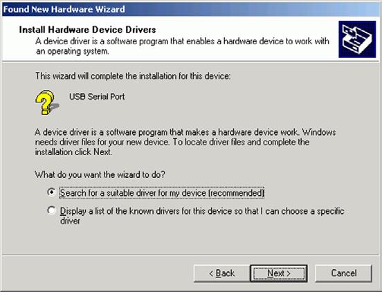 9 Select the method for installing the driver software. The "Install Hardware Device Drivers" dialog box appears again.