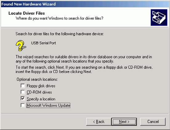 "Install Hardware Device Drivers" dialog box Select 74046-W5-00 0 Select a desired check box in the "Optional search locations" area and click the [Next] button.