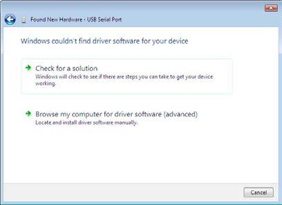 q "Browse my computer for driver software (advanced)". The message, "Windows couldn't find driver software for your device", appears.