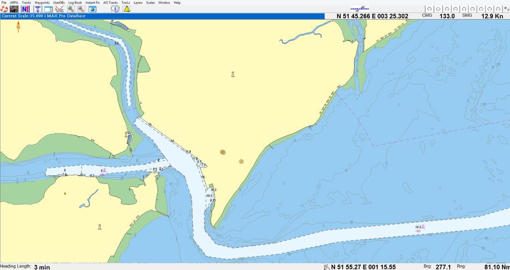 On the next screen shot one can view charts with all layers, except buoys, lights and wrecks, switched OFF To illustrate the use of the Layer function a display of the area near Felixstowe with only
