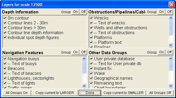 The Layer menu: The facility to split the chart information of vector charts into different layers is one of the most powerful functions of Quodfish systems.