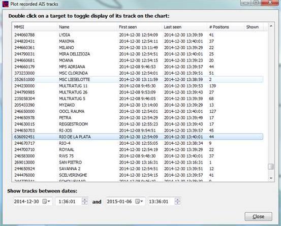 The menu Plot recorded AIS tracks under AIS Tracks as shown below enables the