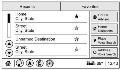 Touch Turn-by-Turn Directions icon while on the OnStar menu. Turn-by-Turn Navigation After touching the Turn-by-Turn Directions icon, select destinations from Recents or Favorites.