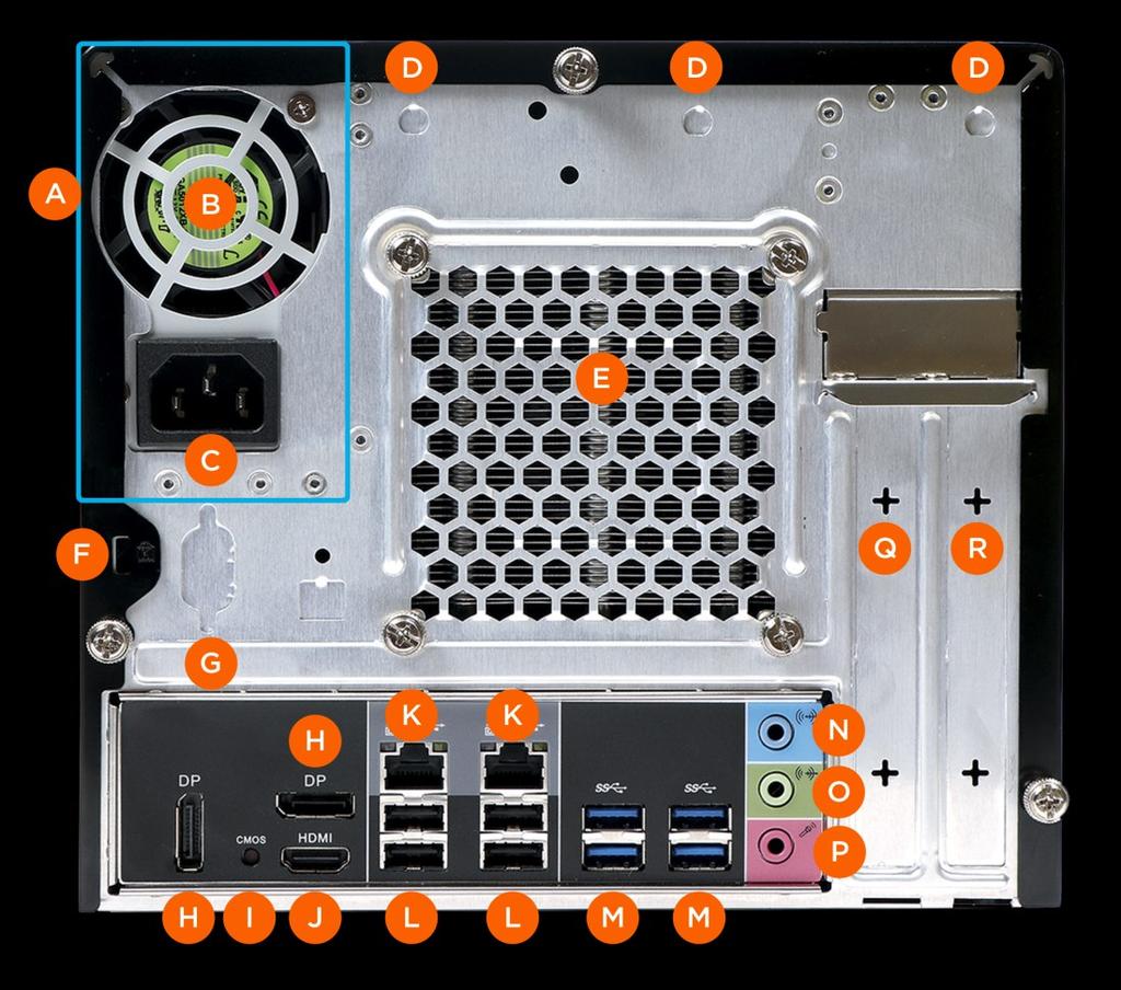 hole Heatpipe cooling system Kensington Lock Optional COM port (RS232) DisplayPort video output x 2 Clear CMOS button HDMI port K