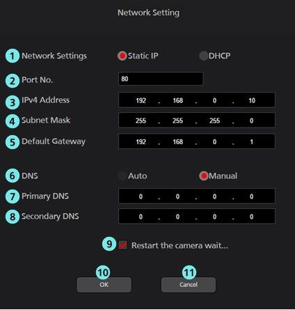 1 Network Settings You can select the setting method of IP address. Static IP: Setting is done with fixed IP. DHCP: Setting is done with DHCP. 2 Port No.