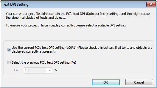 The project files created with earlier EasyBuilder do not contain DPI information; therefore, when opening the same project file on different PC, the texts