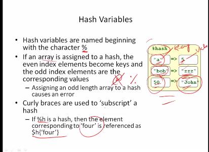 Let us look at more things essentially a couple of more syntax for issues one is the, the hash variables of hash array the names begin with this character % if an array is assigned to hash the even