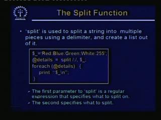 (Refer Slide Time: 54:45) Well the first function is called Split. Split as the name implies is used to split a given string in to multiple pieces using a specified delimiter.