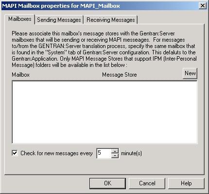 This illustration shows an example of the Mailboxes tab of the MAPI Mailbox dialog box. This table describes the parts of the Mailboxes tab of the MAPI Mailbox dialog box.