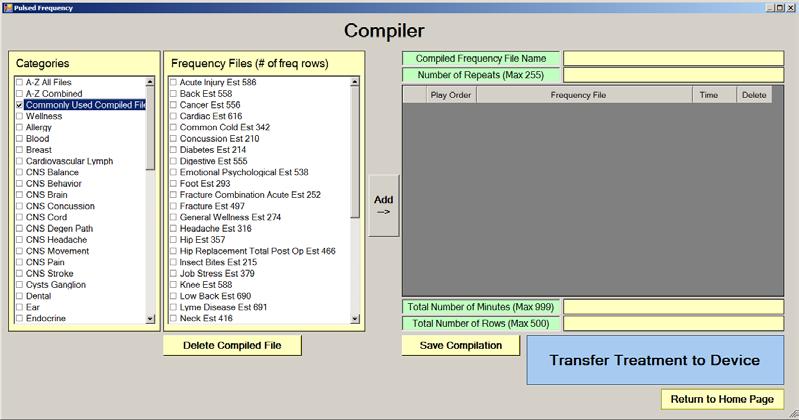 Compiler The Compiler allows you to load treatment programs into the JOINT PEMF. Treatment programs can be created in two ways.