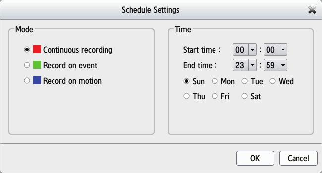 Section 3 - Configuration Set Recording Schedule Configuration 1. Select one of the cameras from the list and click on Add/Edit Schedule. 2. Choose a recording mode.