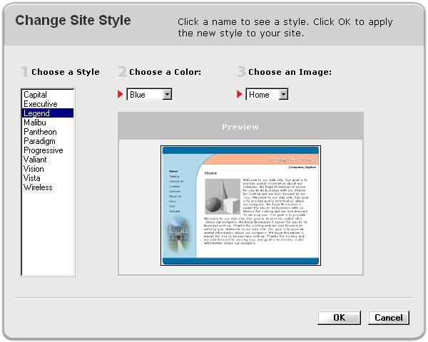 Preview and Publish the Site 1. Click Change Site Style on the Edit Site tab. Change Site Style 2. Click a site style name, color, and image, and view the results in the thumbnail. 3.