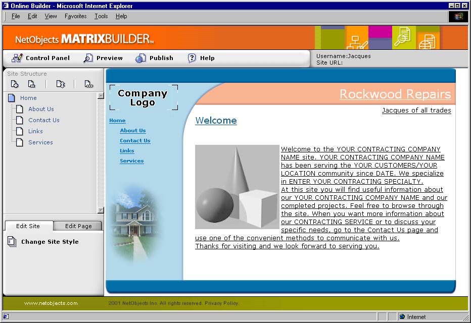 Explore NetObjects Matrix Builder Online Builder Explore NetObjects Matrix Builder In the Control Panel you can click Edit your site now, or Online Builder.