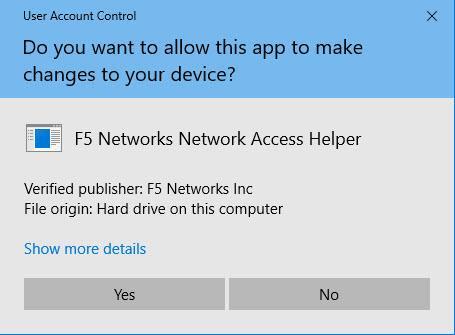 When prompted for the F5 Network Access Helper, Click Yes
