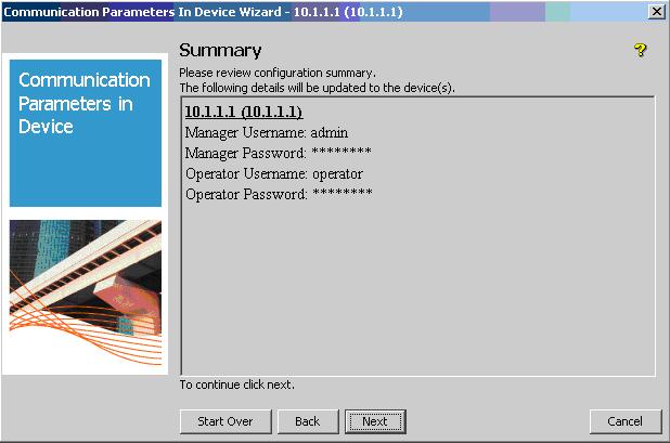 4. In the User Credentials Configuration window, ensure the Mgr Username is set to admin, and the Opr Username is set
