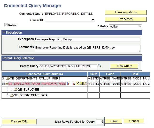 Using Connected Query Chapter 6 Alternatively, click the Edit link. Image: Connected Query Manager page This example illustrates the fields and controls on the Connected Query Manager page.