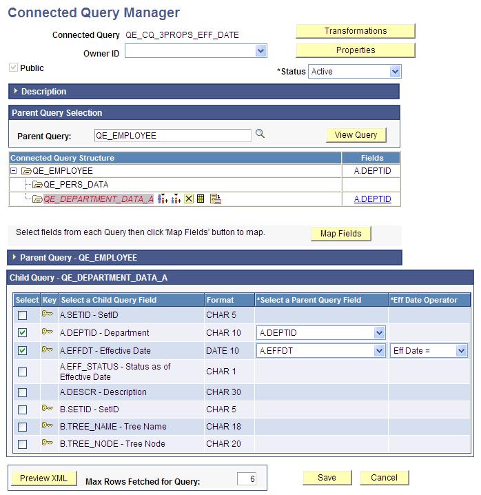 Chapter 6 Using Connected Query Using Effective Date Operator in the Connected Query Manager Page Effective date operator is available in the Connected Query Manager page as a part of the field