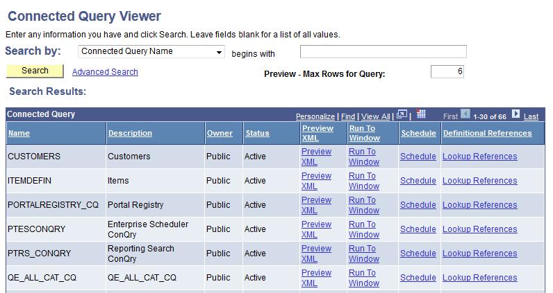 Chapter 6 Using Connected Query Navigation Reporting Tools, Connected Query, Connected Query Viewer Image: Connected Query Viewer page This example illustrates the fields and controls on the