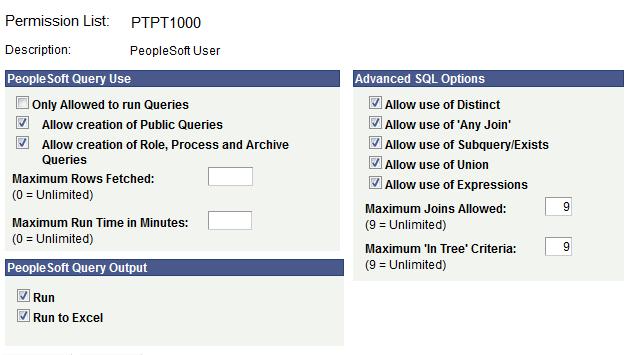 Appendix B PeopleSoft Query Security Navigation PeopleTools, Security, Permissions and Roles, Permission Lists, Query tab, Query Profile Image: Security - Query Profile page This example illustrates