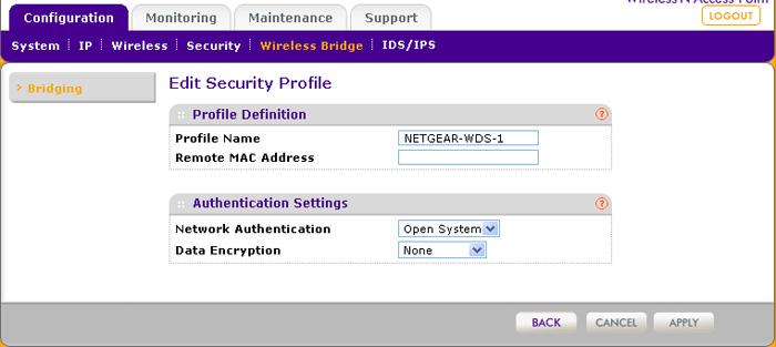 e. If you want to enable wireless client association while the wireless access point functions as a point-to-point bridge, select the Enable Wireless Client Association check box. f. Click Edit to configure the security profile settings.