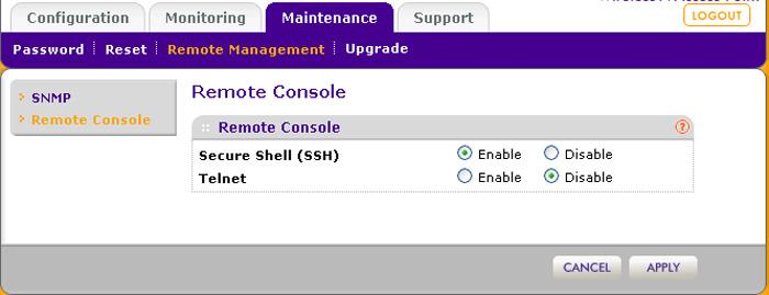 Secure Shell and Telnet Management To configure remote console features: 1. Select Maintenance > Remote Management > Remote Console. The Remote Console screen displays: Figure 35. 2.