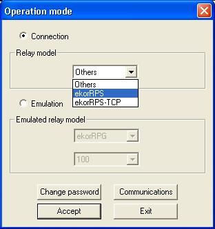 In the «Operation Mode» selection screen, select the corresponding ekorrps or ekorrps-tcp protection unit in the «Relay Type» dropdown menu and press «Accept». Figure 5.2: Selecting the relay type 4.