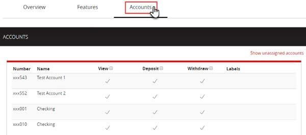 Select the Accounts tab to view and modify the account entitlements by selecting or under View, Deposit or Withdraw. 16.