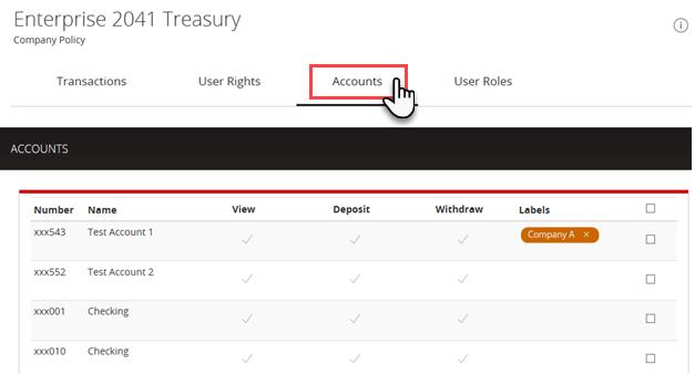 Select the Accounts tab to view the account rights assigned by ANB Bank.