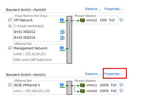 9. Click on Properties of the new created vswitch. 10. Click Add to add the 2 nd VMKernel for iscsi.