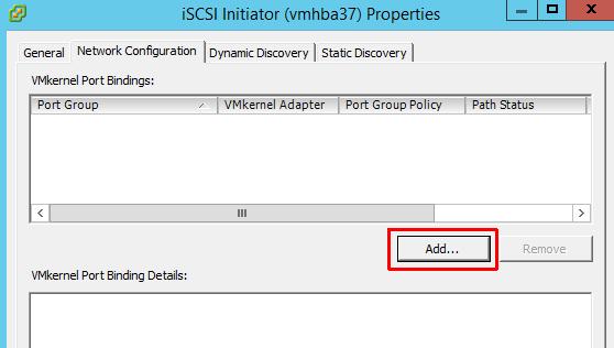 In the Properties panel, switch to Network Configuration tab, and click Add under the VMKernel Port Bindings list.
