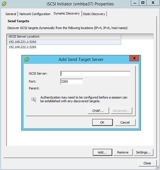 23. In the iscsi initiator Properties panel, switch to the Dynamic Discovery tab.