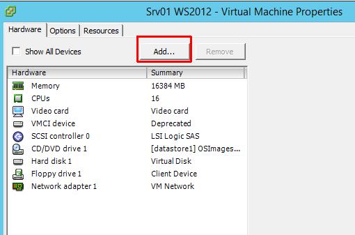 In the vsphere client panel, expand the VM list at the left, and right click on the target VM, select Edit Settings.