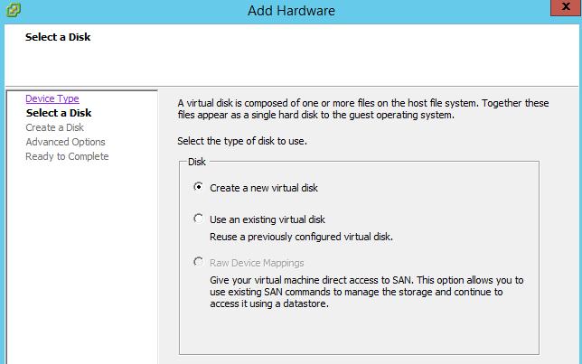 5. Adjust the Capacity of the virtual disk to required size, and select Thick