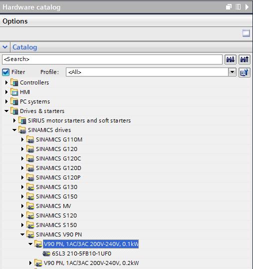 Click on Drives & starters -> SINAMICS drives -> SINAMICS V90 PN and then select the version of the used