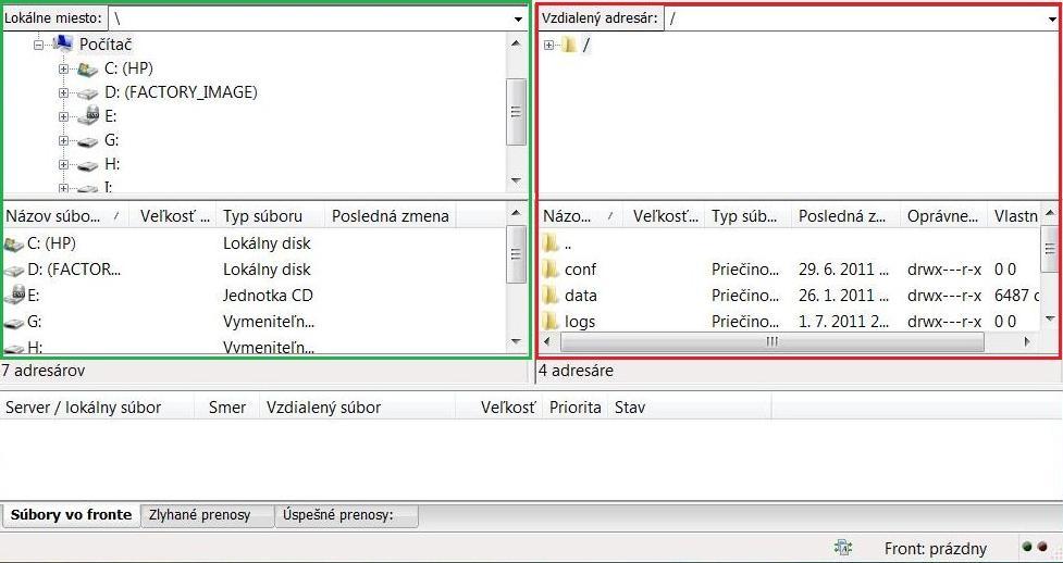 Na ľavej strane v lokálnom paneli sa zobrazujú súbory a adresáre na Vašom lokálnom disku (označené zelenou