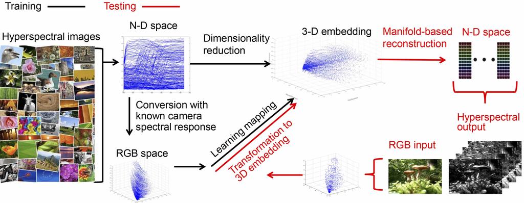 Figure 1: Scene spectra are recovered from RGB observation through our proposed nonlinear manifold learning and reconstruction technique based on pre-learned mapping between training RGB values and