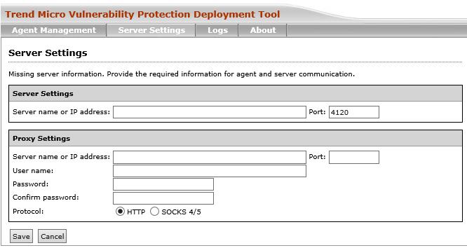 Vulnerability Protection Deployment Tool The Agent Management screen opens. 2. Click Server Settings. The Server Settings screen appears. Figure J-6. Server Settings Screen 3.