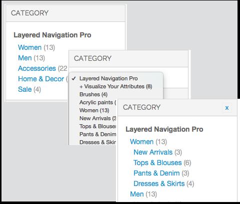 2. Configuring Layered Navigation Pro In Categories Filter, you can switch on / off the Category block (filter).