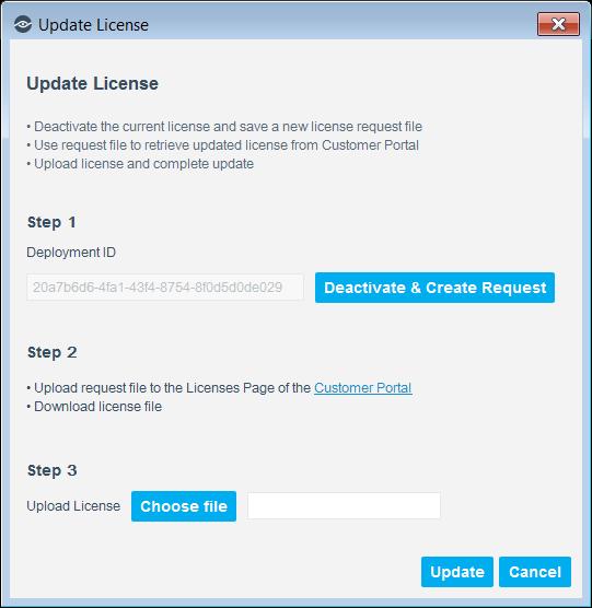 3. In the Update License dialog box, select Deactivate & Create Request and then select OK. If you do not upload the updated license within seven days, the license will become invalid. 4.