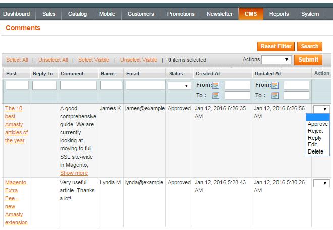 magento_1:blog_pro https://amasty.com/docs/doku.php?id=magento_1:blog_pro To manage the existing comments, go to the CMS Blog Pro Comments backend page.