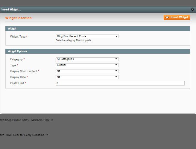 magento_1:blog_pro https://amasty.com/docs/doku.php?id=magento_1:blog_pro When all the options are set, click the Insert Widget button.