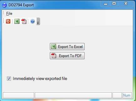 2. The DD2794 Export window will appear, and the user can choose either to Export to Excel or Export to PDF : 3.