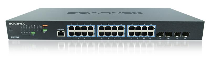 ES220-28 28-Port Managed Gigabit Switch with 4 SFP ports Overview With the increasing number of wired and wireless network device, the SOARNEX SOAR series, ES220-28, provides a cost-effective